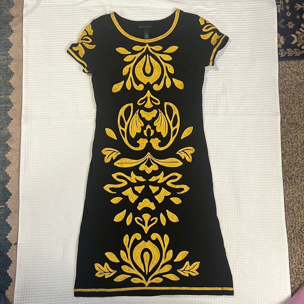 Black cotton dress with gold embroidery